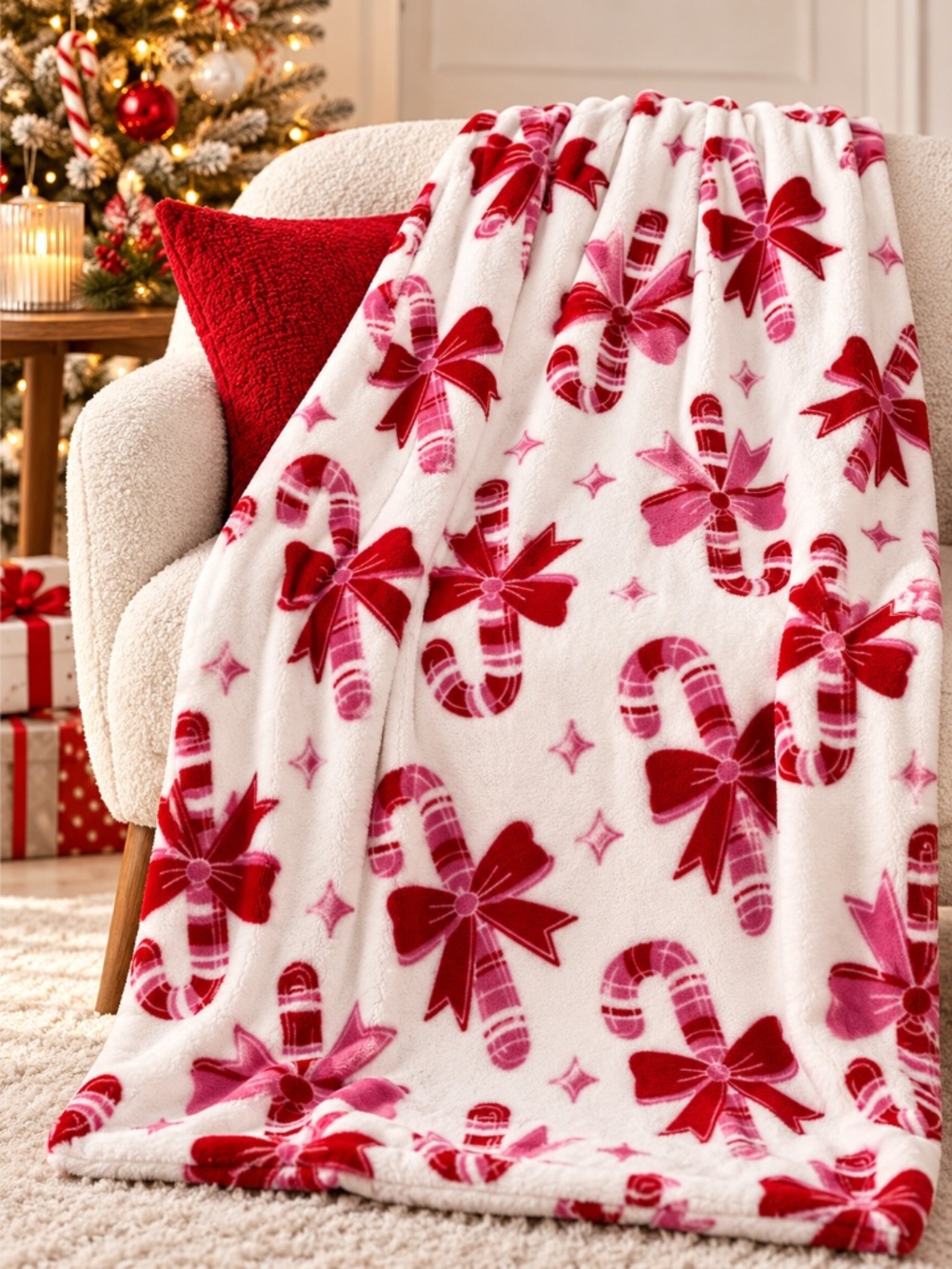 NWT Betsey Johnson Christmas Plush Throw Blanket Candy Cane Bows Pink Red 50x70